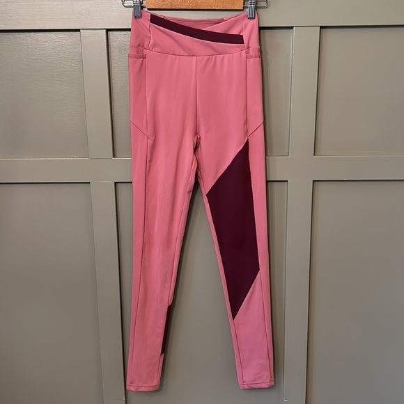 GYMSHARK Asymmetric Leggings Crossover Waist High Rise Dusky Pink/Dark Ruby S - Picture 1 of 15